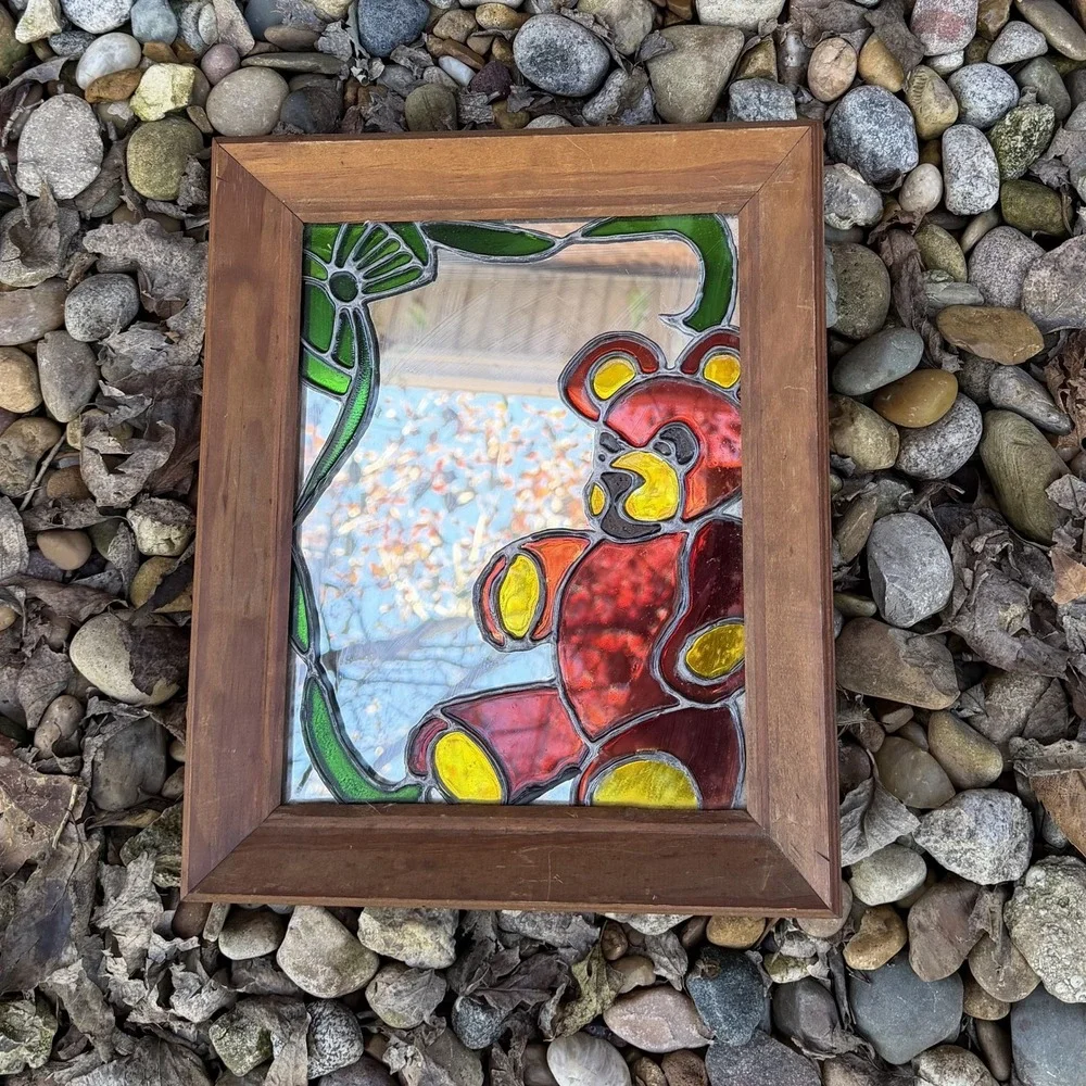 Charming VTG Stained Glass Teddy Bear Mirror Wooden Frame Wall‎ Decor Art Baby